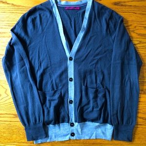 Modern Amusement - blue men’s wool cardigan with blue trim and pockets - size L
